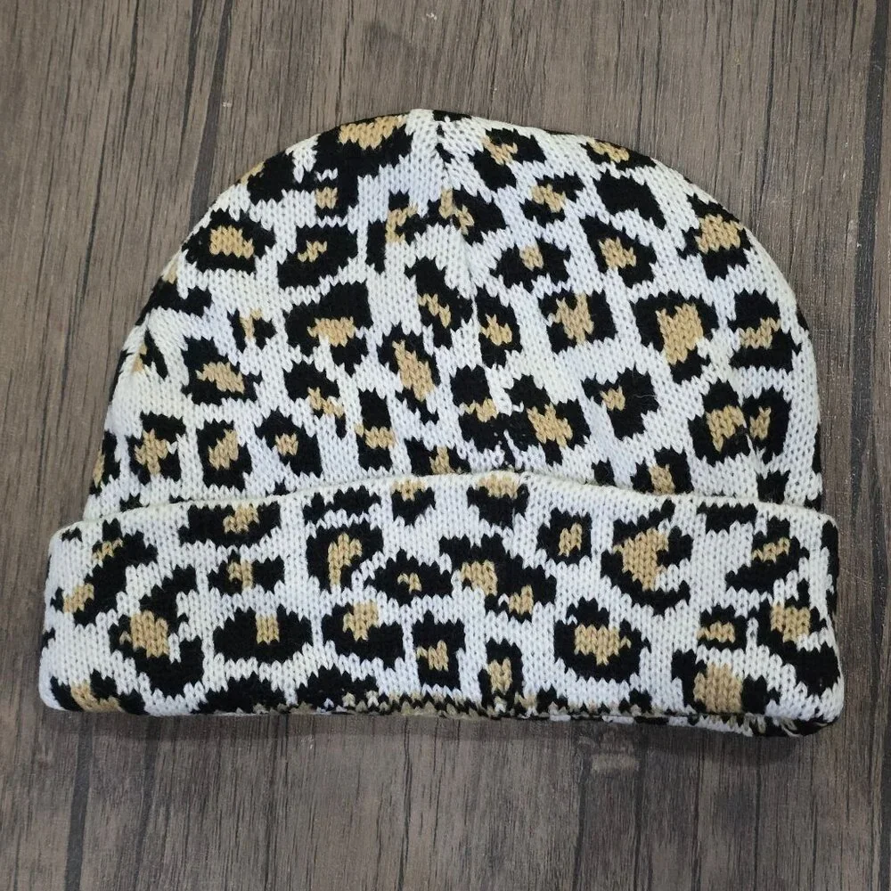 Childrens Place Girls Leopard Print Knit Beanie Winter Hat Black White NWT 4-7